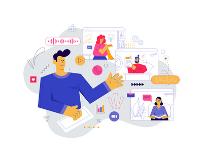 Video conference art call character conference cute design flat freelancer home illustration meeting online people talk vector video web work zoom