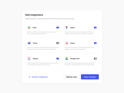 Integrations modal - uxwithdev asana branding dashboard design figma google drive integration logo modal popup slack teams typography