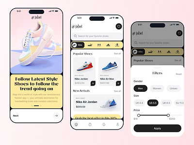 Jabel - Ecommerce Shoe App Design / App UI / Ecommerce App e commerce ecommerce app fashion fashion ecommerce filter jabel mobile app mobile app design mobile app ui mobile ui onboarding search filter shoe shoe app ui shoe delivery shoe mobile app shoe search shoe store ui ux website design