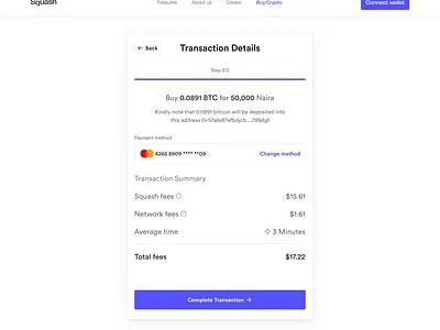 Squash Protocol's On-Ramp Transaction Details assets bitcoin clean crypto cryptocurrency cryptoramps defi design ethereum fiat minimal off ramps on ramps ui ux web 3