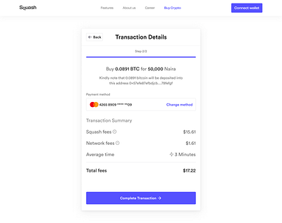 Squash Protocol's On-Ramp Transaction Details assets bitcoin clean crypto cryptocurrency cryptoramps defi design ethereum fiat minimal off ramps on ramps ui ux web 3