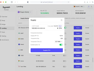 Lending Dashboard — Supply Market Modal assets bitcoin borrow borrow market crypto cryptocurrency dashboard decentralized finance defi design ethereum fiat lending minimal modals supply supply market ui ux web 3