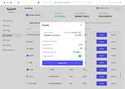Lending Dashboard — Supply Market Modal assets bitcoin borrow borrow market crypto cryptocurrency dashboard decentralized finance defi design ethereum fiat lending minimal modals supply supply market ui ux web 3