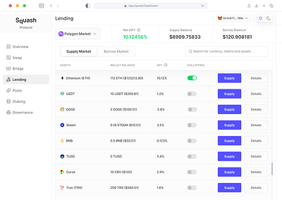 Lending Dashboard — Supply Market assets bitcoin borrow borrow market crypto cryptocurrency decentralized finance defi ethereum fiat lending supply supply market web 3