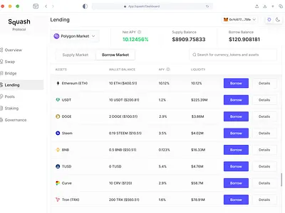 Lending Dashboard — Borrow Market assets bitcoin borrow borrow market clean crypto cryptocurrency dashboard decentralized finance defi ethereum fiat lending minimal modals supply supply market ui ux web 3