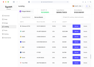 Lending Dashboard — Borrow Market assets bitcoin borrow borrow market clean crypto cryptocurrency dashboard decentralized finance defi ethereum fiat lending minimal modals supply supply market ui ux web 3