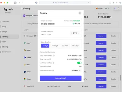 Lending Dashboard — Borrow Market Modal assets bitcoin borrow borrow market clean crypto cryptocurrency dashboard decentralized finance defi ethereum fiat lending minimal modals supply supply market ui ux web 3