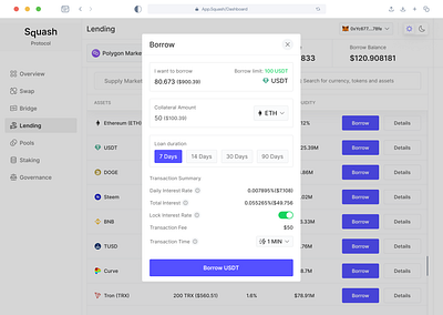 Lending Dashboard — Borrow Market Modal assets bitcoin borrow borrow market clean crypto cryptocurrency dashboard decentralized finance defi ethereum fiat lending minimal modals supply supply market ui ux web 3