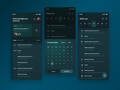 Activity Calendar App activity calendar design figma glass green illustration mobile mobile app mobile app design mobile design mobile ui modern motion graphics to do ui