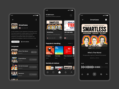 Podcast App app design audio dark dark mode design podcast podcast app ui uiux ux