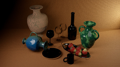 Still Life 3d modeling 3d still life model blender clay jars graphic design still life strawberries wine wine glass