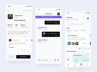 Taska app black branding chat design figma minimal mobile profile purple ratings task task app ui ux white