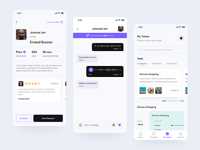 Taska app black branding chat design figma minimal mobile profile purple ratings task task app ui ux white