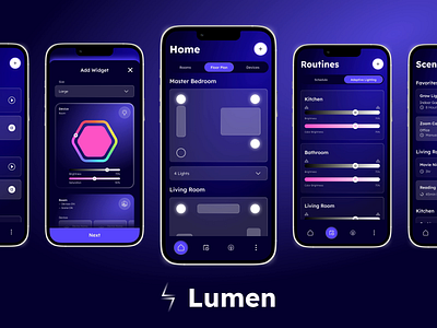 Lumen Lights IoT UI Kit adaptive lighting animation apple watch atomic design system atomic robot branding design figma figma community ios iot logo mobile onboarding prototypes ui ui kit ux widgets