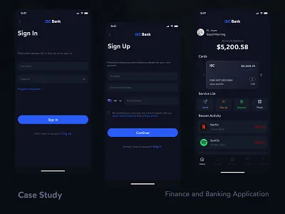 Finance and Banking Application Design UI/UX Case Study animation app design application apps banking app banking home screen banking profile screen dark app design finance app finance dark app finance home screen finance profile screen graphic design home screen landing page motion graphics profile screen ui website