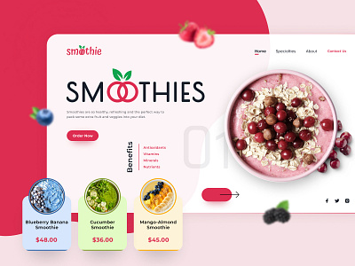 Smoothies / Beverage Landing Page beverage branding creative drinks figma food heroimage homepage interface landingpage modern red smoothies ui uiux ux web website websiteui