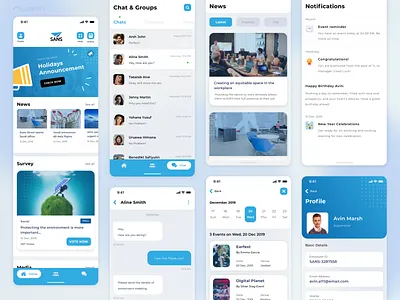 Chat, News & Notification Screens - In House Communication App app app screens applify communication communication app design employee communcation graphic design in house communication messaging app mobile app design news app notification app ui updates user experience user interface ux