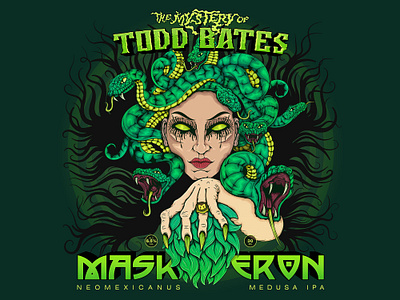 Maskeron The Mystery of Todd Bates beer beer art beer label beerartwork beerlabel craftbeer design face fog hops illustration ipa medusa mist mystery nails snake vector