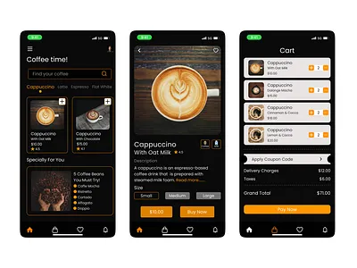 Coffee Shop Mobile App - Dark Mode 3d animation app branding design graphic design illustration logo mobile mobileapp motion graphics typography ui ux vector