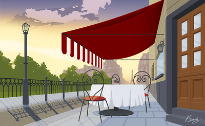 Paris Cafe Illustration 2 minutes art artwork brady designs things brady leavell cafe eiffel tower europe france graphic design illustration landscape learning morning paris picture sunrise visual art