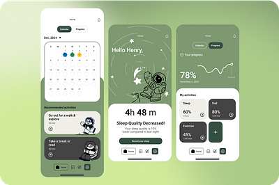 Amity- wellness application aesthetic app design calendar chart eating exercise graph graphic design green habit mental health mobile mood sleep tab bar time track ui ux design wellness