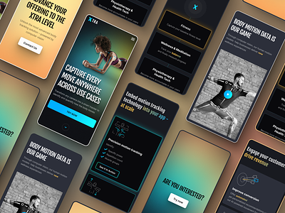 Fitness body motion analysis - mobile Landing Page by Neoteric 4px grid body motion body movement color colour fitness grid homepage information architecture landing page mesh gradient mobile motion analysis motion capture motion tracking real-time analysis repetition count typography uidesign whitespace