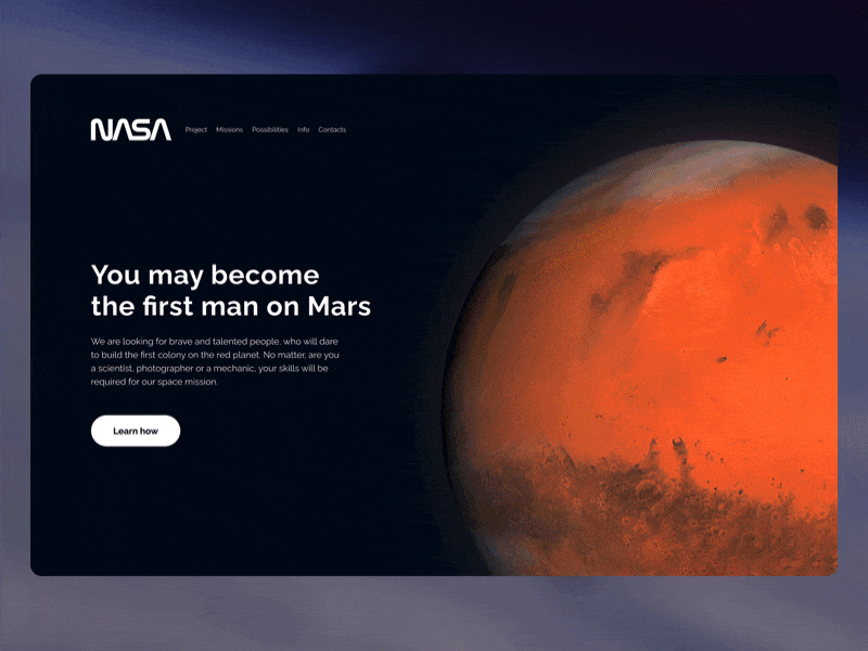 Mars colony recruting landing page animation dailyui design figma hero landing page mars musk nasa space spacex ui ui animation web design website website design weekly warm up