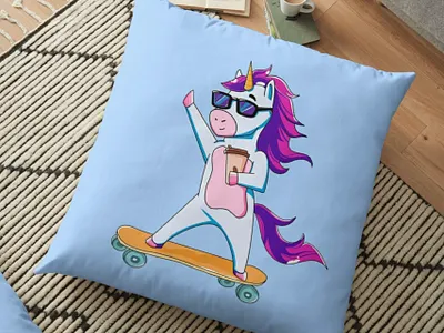 Cartoon unicorn on skateboard with cup of coffee banner branding cappuccino coffe cup coffee design friend girl girlsie graphic design latte magic pink pink hair skate skateboard unicorn