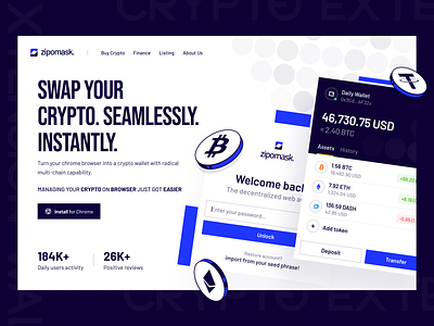 Crypto wallet product: hero header (Part 2) clean crypto header header exploration headers hero header hero section home page landing page minimal ui design user experience user interface ux design wallet web web design web header web page website