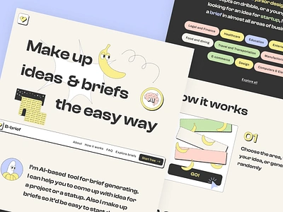 B-brief ai animation banana illustration landing page neobrutalism ui ux vector web design