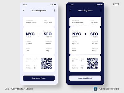 Daily UI 024 - Boarding Pass boarding pass boarding pass dailyui challenge boarding pass ui dailyui dailyui challenge dailyui day 24 dailyui day 24 boarding passui dark mode ui day 24 boarding pass day 24 dailyui design design inspiration latest ui trends rushabh koradia rushabh ui ticket ui ui ui design ui inspiration ux rushabh