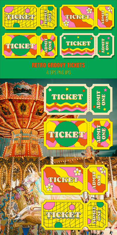 Set of Retro Groovy Tickets 70s entrance event hippie hippy movie person psychedelic summer theater vintage
