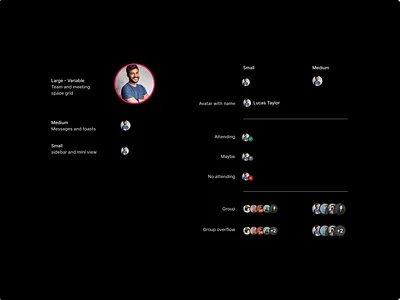 Avatars - Riff app avatar avatars component states dark theme design documentation product design profile picture ui ux video call zoom