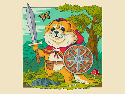 Toto the Adventurer animal character cute dd dog drawing fantasy illustration knight nature pet puppy shield sword