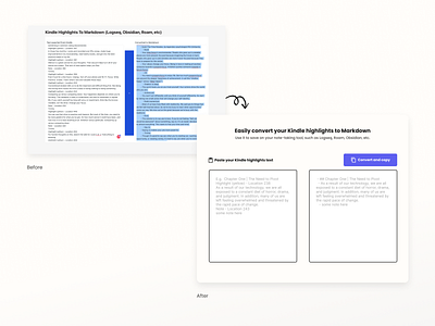 Personal project - From Kindle highlights to Markdown beforeafter design page revamp ui