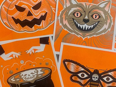 Halloween Risographs cat halloween illustration moth orange prints pumpkin riso risograph scary