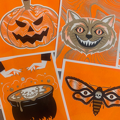 Halloween Risographs cat halloween illustration moth orange prints pumpkin riso risograph scary