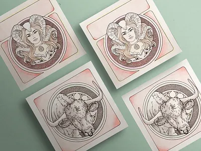 Capricorn & Taurus analog work art nouveau capricorn color pencils faber castell graphic design handdrawn logo tauraus zodiac