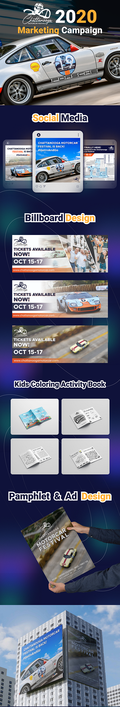 Chattanooga Motorcar Festival Marketing Campaign ad design billboard design branding campaign coloring book concept design graphic design kids coloring book marketing pamphlet design print design social media ui vector