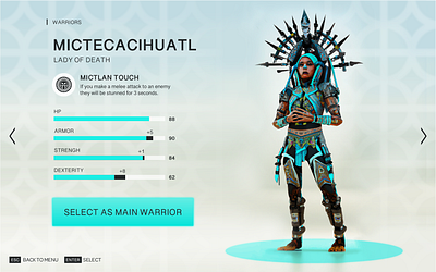 Mictecacíhuatl - Character Selection app art aztec design game gaming interface mexico rpg ui ux videogame