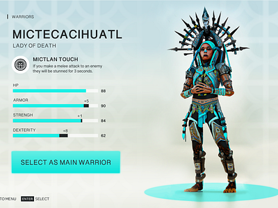 Mictecacíhuatl - Character Selection app art aztec design game gaming interface mexico rpg ui ux videogame