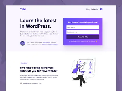 OllieWP.com for WordPress Creators article blog clean cta header hero icons illustration light logo newsletter purple typography wordpress writing