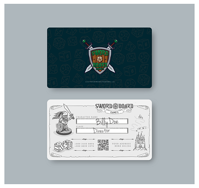 Board/Video Game shop business cards branding business cards castle hand drawn illustration retro roleplay shields swords videogame