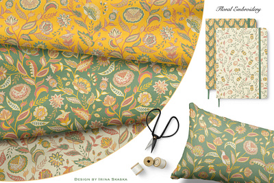 FLORAL EMBROIDERY green home textile ornament packaging seamless pattern summer summer style sunny t shirt design textile design vector vintage wallpaper design warm yellow