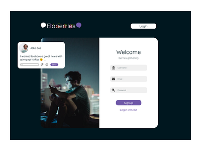 Floberries Social network app - social media app app berries berry design flo landing login logo media network signup social social media social network ui ux website