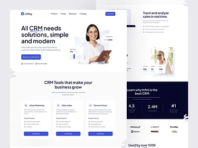 Infiny - CRM Landing Page agency blue crm cusmtomers design email finance landing page landingpage marketing minimal saas sales seo ui website white