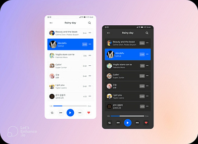 Playlist for a rainy day 🥰 dark mode design heart light mode like mobile music music player next pause play prototype search song ui ux