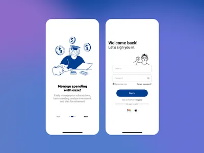 Sign-in and On-boarding screens app application design finance graphic design log in mobile money onboarding sign in sign up ui ux