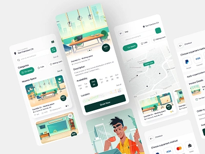 Co-working Space App app design cafe co working confarrence design dribbble meeting office realestate remote remoteworking renting ui workingspace workspace