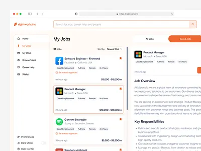 Rightwork - My Jobs Page card career search dashboard detail job hiring hr hr professionals job dashboard job hunting job portal job search job seeker job seekers job seeking myjobs recruiters recruiting recruitment saved jobs uxdesign